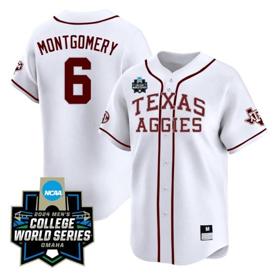 Men's Braden Montgomery Jersey #6 Texas AM Aggies 2024 College World Series Vapor Premier Limited NCAA Baseball Stitched White Alternate