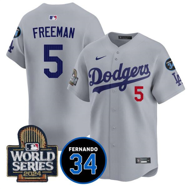 Men's Los Angeles Dodgers 5 Freddie Freeman Grey 2024 World Series
